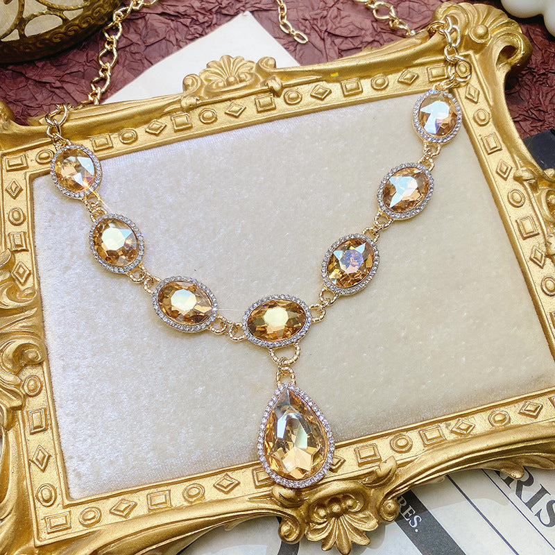 Wholesale Light Luxury Diamond Crystal Gemstone Water Drop Necklace Earrings Bracelet Three Sets